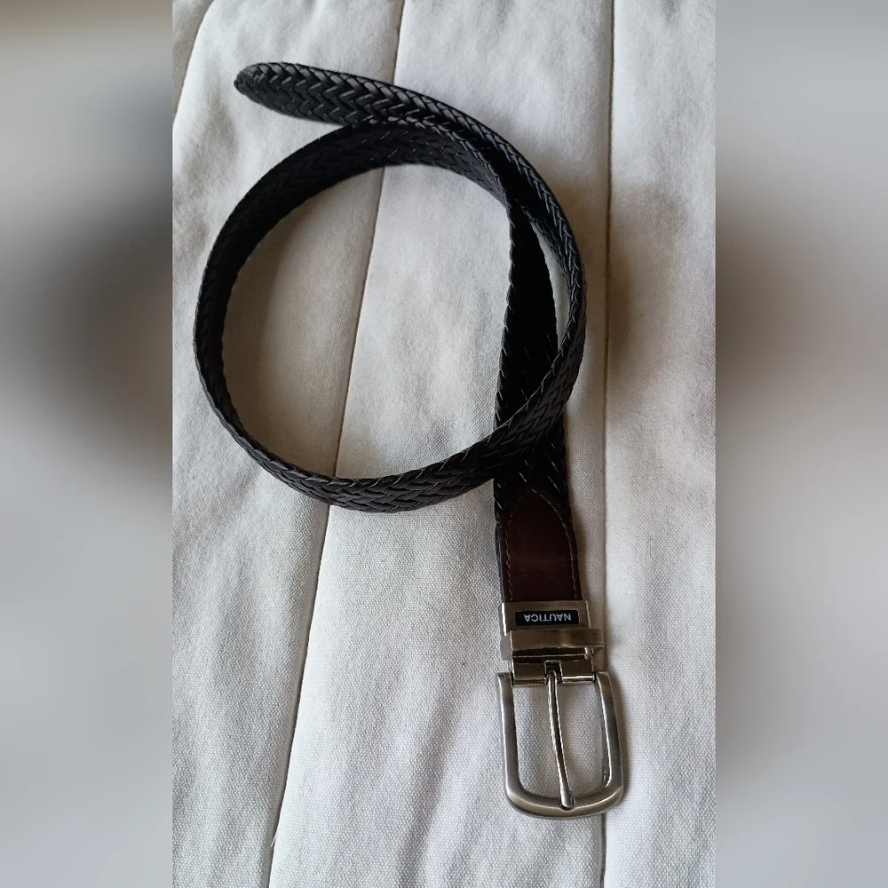 Nautica Reversible Black And Brown Braided Leather Belt With Silver Buckle